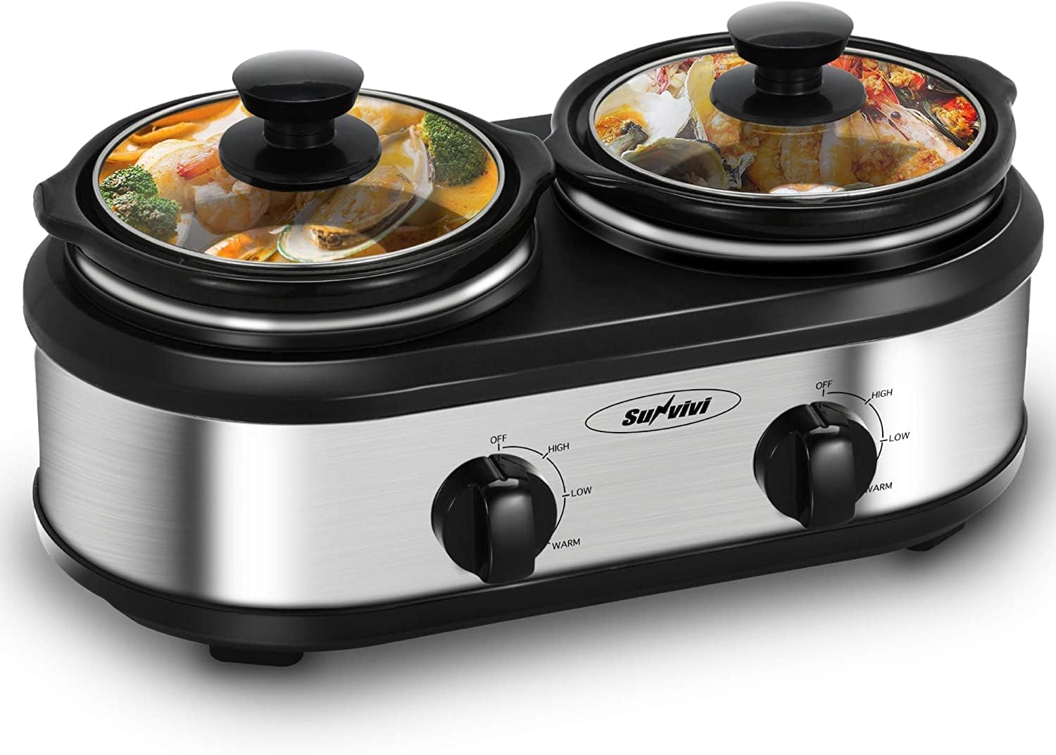 Sunvivi - Olla Lenta Doble, 2 * 1.25 Quarts, Acero Inoxidable, 3 Temperaturas Ajustables, Ideal para Fiestas y Reuniones