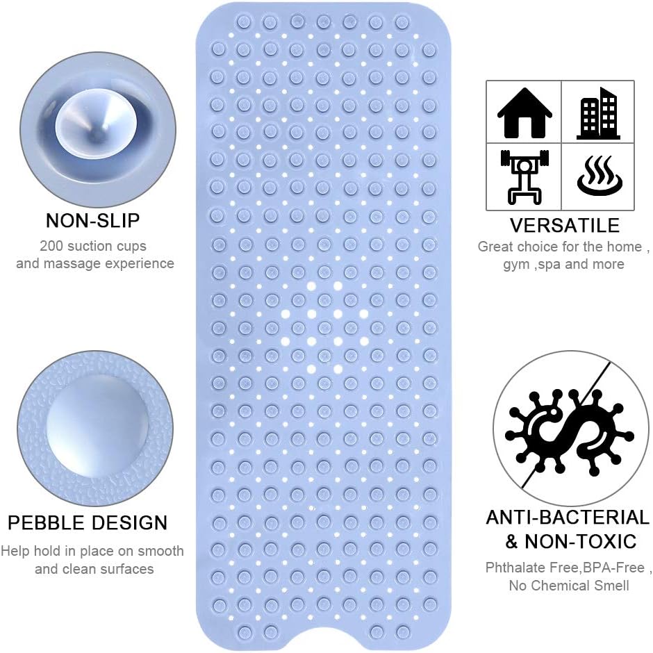 YINENN Bath and Shower Safety Mats 40x16 inch, Non Slip with Suction Cups for Bathroom Stall and Tub Floor, Extra Large and Machine Washable, Drain Holes Keep Bathtub Clean, Light Blue - Image 5