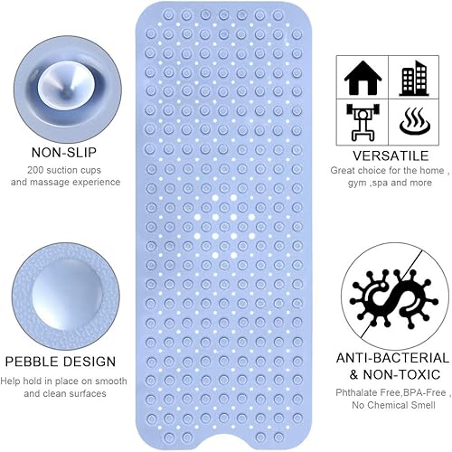 Miniatura 102 de YINENN Tapete de ducha para bañera de 40 x 16 pulgadas, antideslizante y extragrande, tapete para bañera con ventosas, lavable a máquina, con Azul
