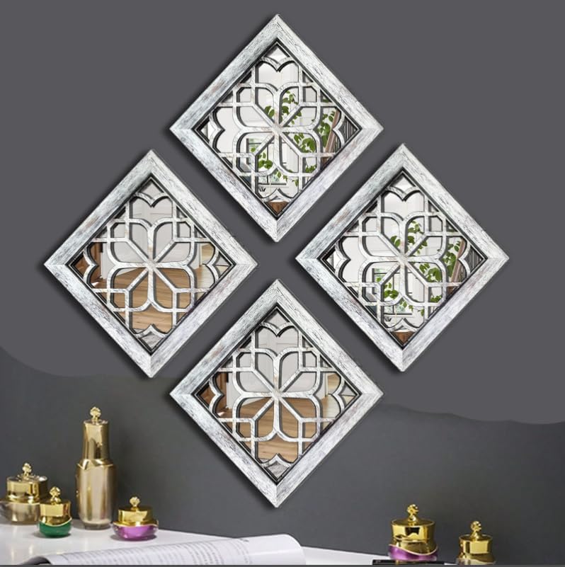 Boho Square Wall Mirrors Set of 2-12" x12'Decorative Mirrors for Wall Decor, BrownHandcrafted Mirror Panels Perfect for LivingRoom Bedroom Entryway Hallway (Grey) Grey 12*12in-2Pcs image 8 of 9 B0F66H7QRG
