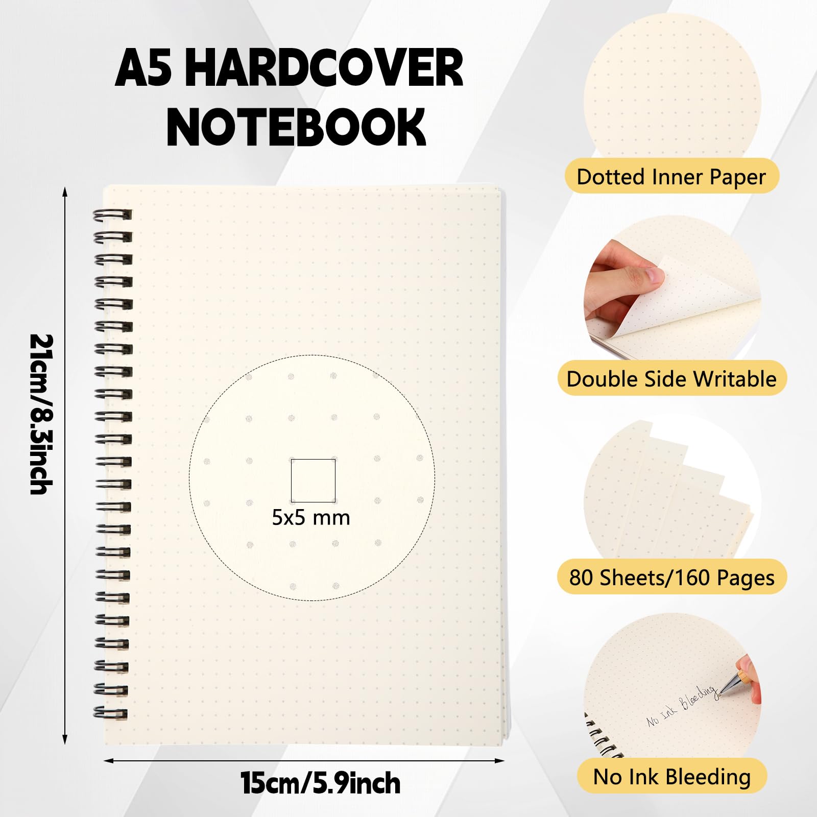 Dunzoom 6 cuadernos en espiral de 5.9 x 8.3 pulgadas, A5, 160 páginas, 80 g/m², cubierta de plástico grueso, tapa dura, cubierta impermeable, para el hogar, oficina, negocios (papel punteado)