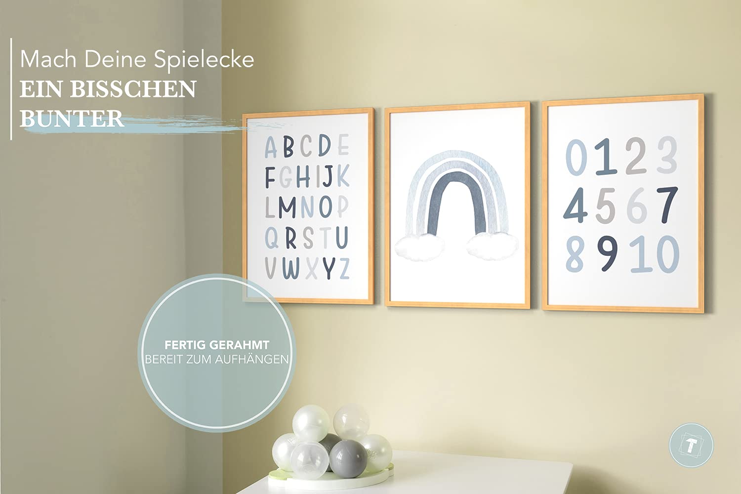 Lot de 3 posters d'apprentissage, A3 (30x42 cm) encadré d'un cadre en bois naturel, cadeau pour garçons chambre d’enfant Préscolaire, lettres de l'alphabet, chiffres ABC bleu arc-en-ciel