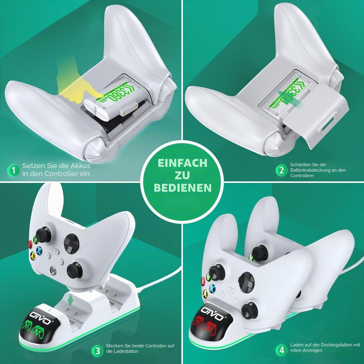 OIVO Ladegerät mit 2 wiederaufladbaren Akkus für Xbox One/Xbox Series X/S Controller, Ladestation mit 2 x 4320 mWh wiederaufladbaren Akkus – Weiß
