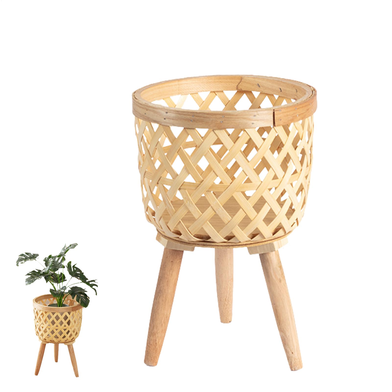 Weldphur Rattan Plant Stand, Woven Plant Pot Stand With Wooden Legs, Indoor Wicker Basket Flower Pot Plants Stands, Large Handwoven Basket Floor Planter For Home Decoration