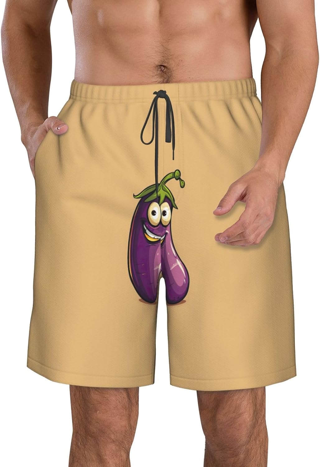Cartoon Eggplant Print Men's Quick-Drying Shorts Casual Beach Pants Stretch Waist Shorts and Pockets