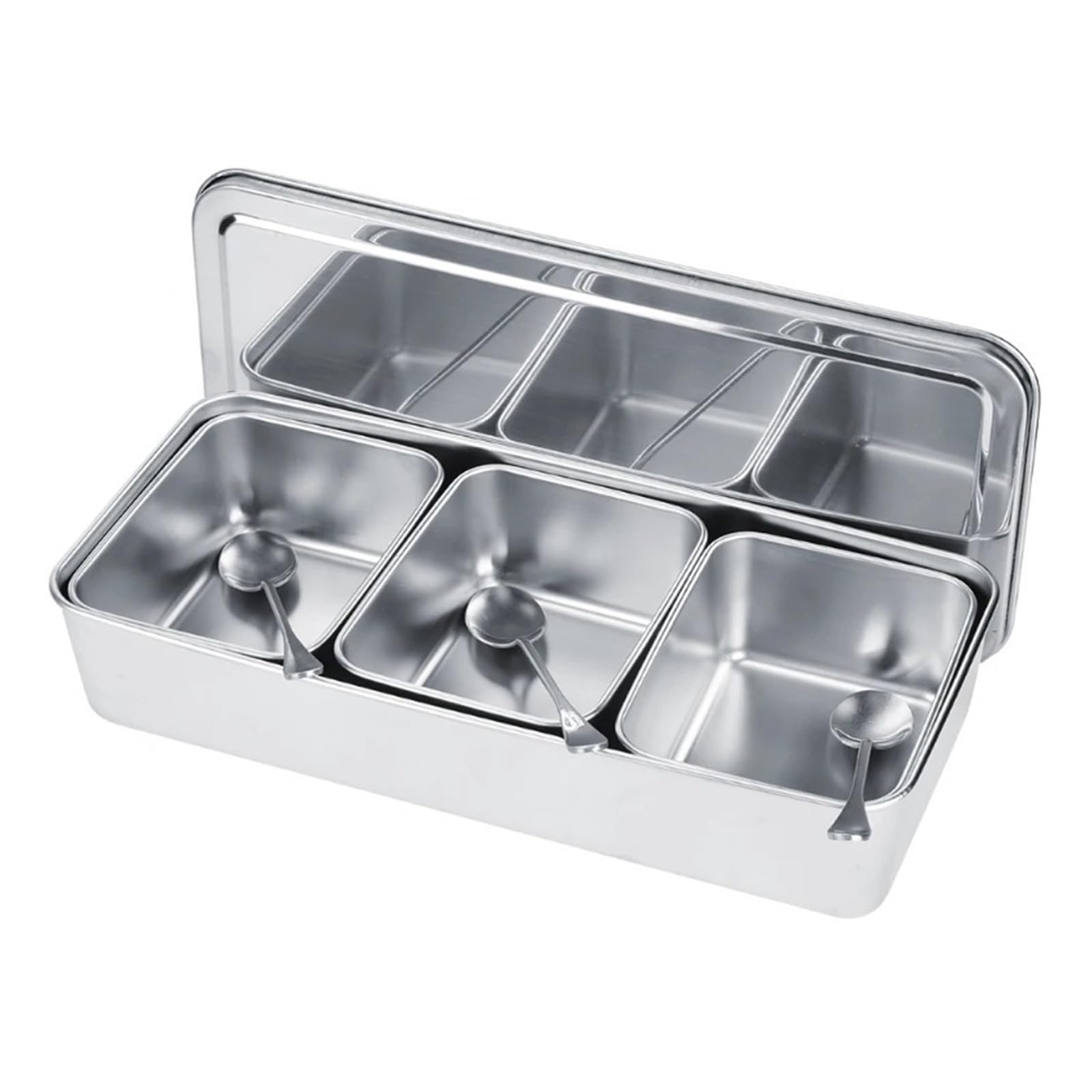 UBOHUZ Household 3‑Grid Stainless Steel Seasoning Box Jar Spice Container Set With Spoons Cover Jars Organizer Storage Boxes for Kitchen Condiment