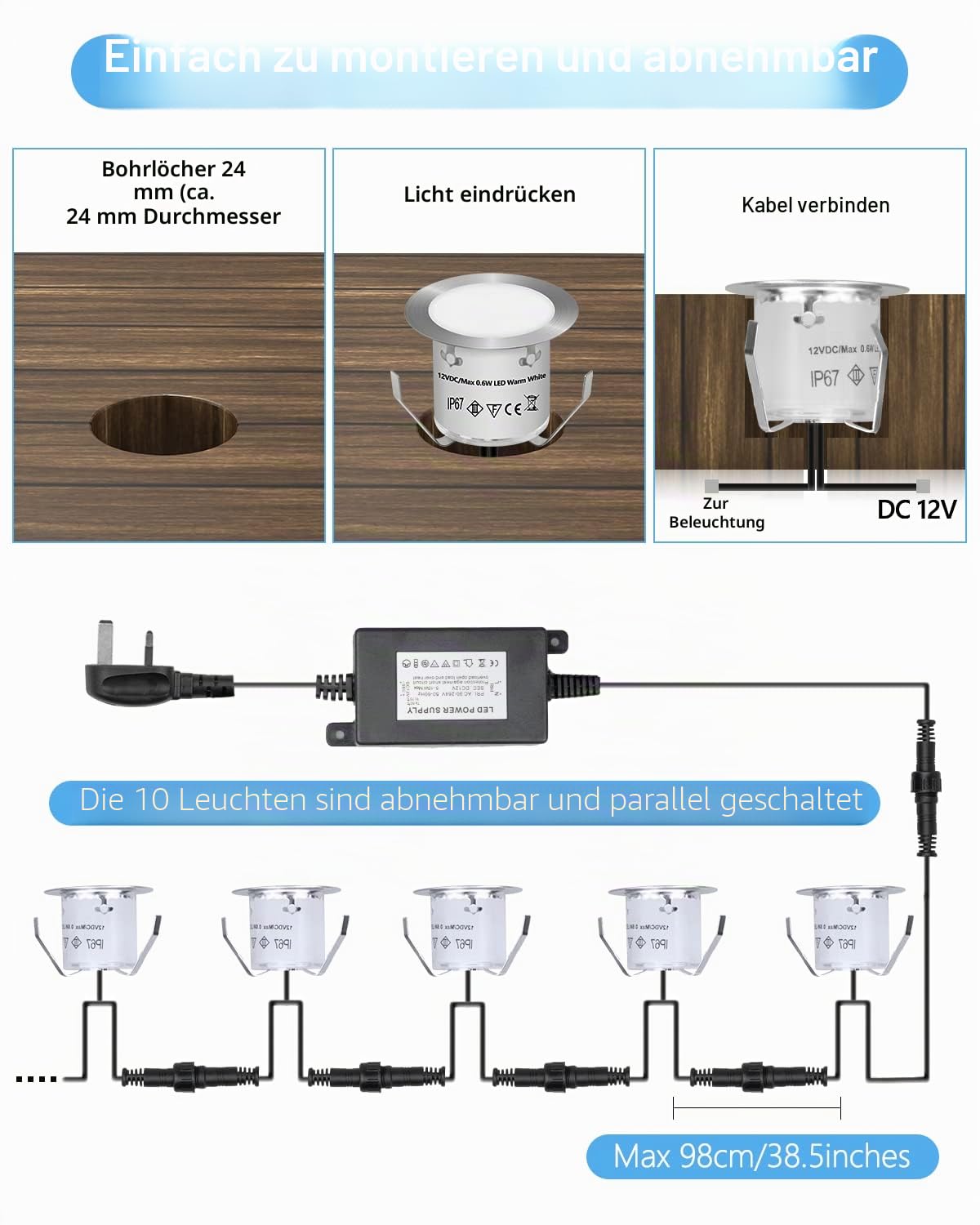 HIBOITEC 16er Set Terrassen Einbaustrahler LED Aussen, LED Einbaustrahler IP67 wasserdicht, 0.6W LEDs Bodeneinbauleuchten für Küche Garten Gehweg Holzbrücke kaltweiß