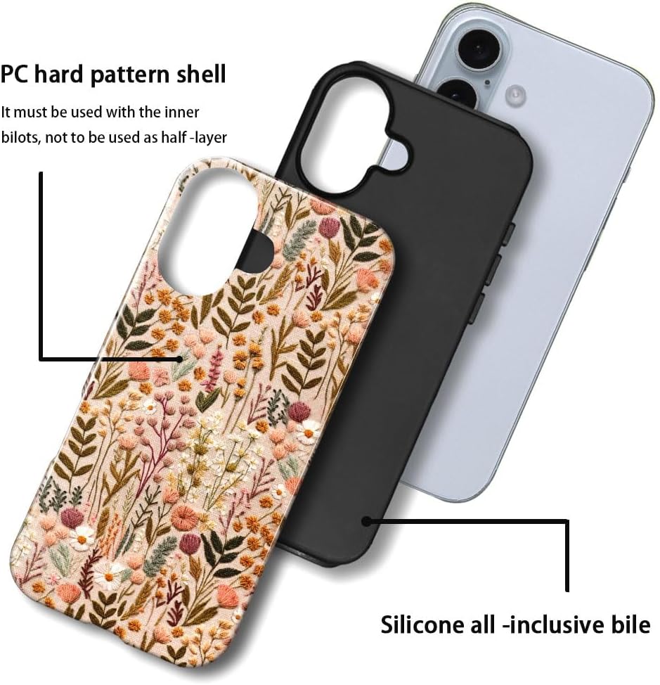 Compatible with iPhone 16,Anti-Scratch Glossy Case Cover,Boho Romantic Embroidery Flower - Image 2