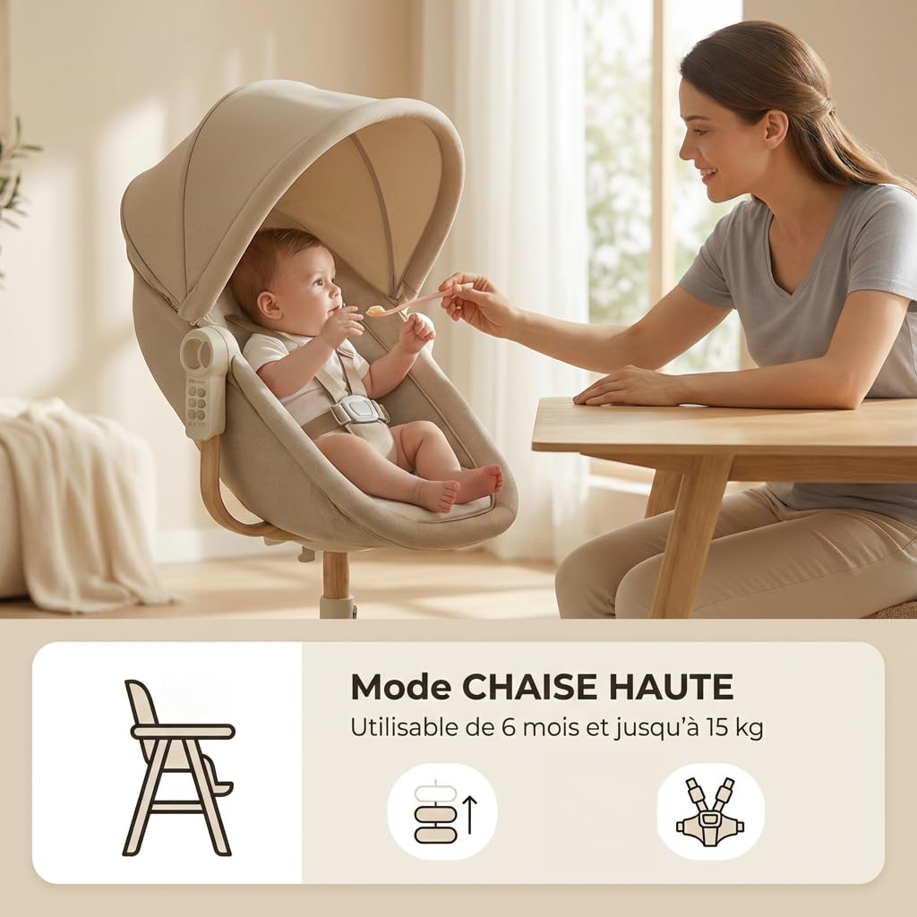 BEBE2LUXE 4 en 1 Multifonction Balancelle électrique, Berceau réglable, Chaise Haute et Transat (0‑15 kg), Harnais 5 PTS, réglage Hauteur/Dossier, 6 Vitesses + Vibration, USB/MP3, télécommande (Gris)