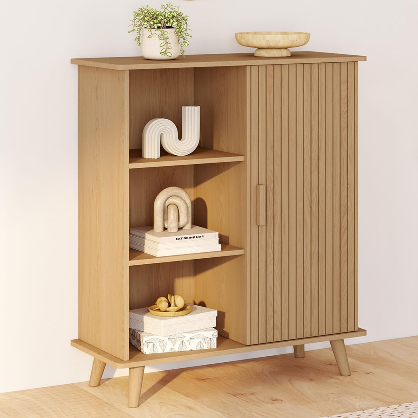IDMarket - Buffet d'appoint 3 étagères et Placard 70 cm Juliette Effet Lattes tasseau Bois