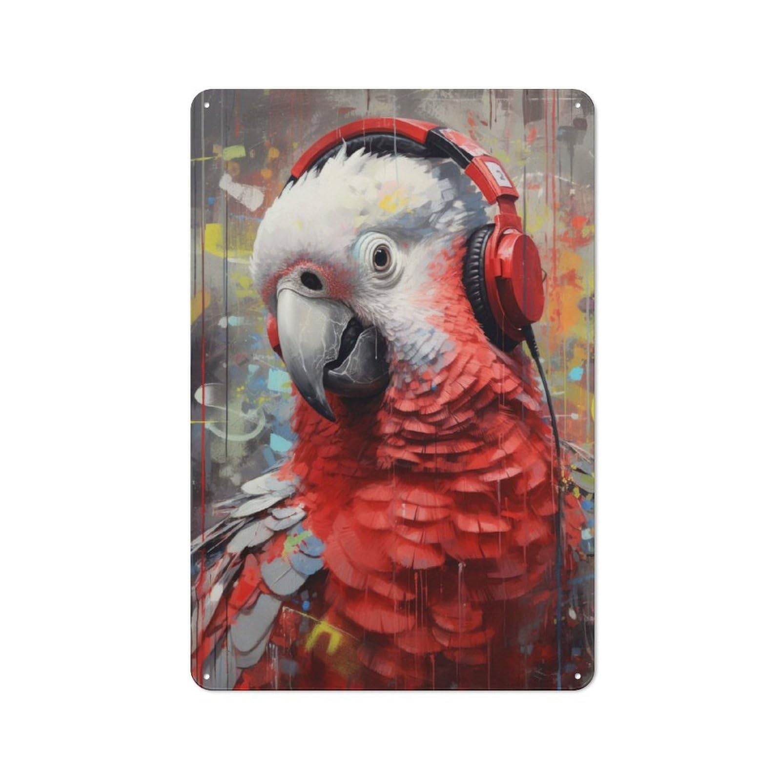 Junmoney Grey Parrot Headphones Rustic Tin Sign 30X20cm Featuring For Bar Or Restaurant, A Housewarming Gift For Bar Decor Enthusiasts
