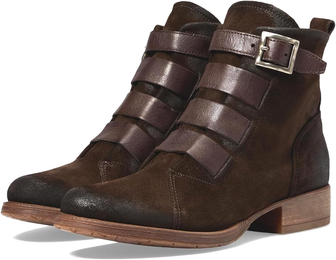 LEHOOR Combat Booties for Women Low Chunky Heel Round Toe Western Ankle Boots Burnished Side Zipper Suede Cowboy Cowgirl Boot Buckle Strap Two-Toned Short Riding Boots Fall Winter Vintage 4-11 M US