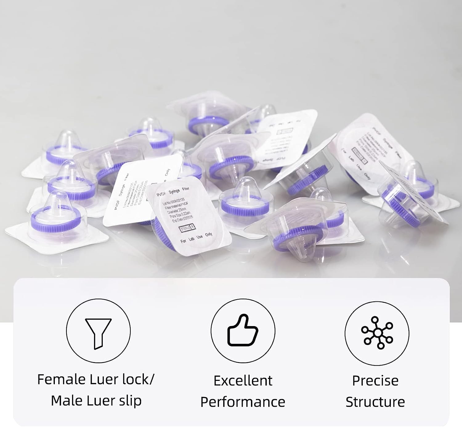 20 Pièces Filtres à Seringue à Membrane Hydrophile PVDF Stérile de 25 mm de Diamètre et 0,22um de Pores, Filtres à Aiguille pour HPLC et GC, Filtration de Laboratoire à Haute Productivité
