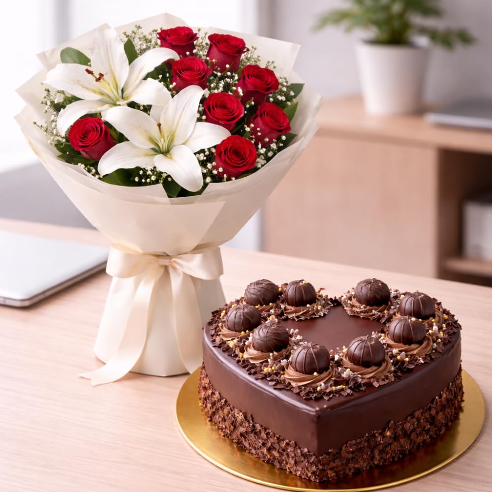 Fresh Flowers Bouquet with 1 Kg Heart-Shape Chocolate Cake, Assorted Blooms, Gift Set-image-44