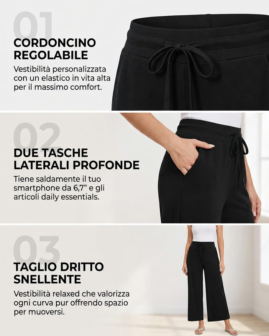 Pantaloni Capri Donna Yoga Vita Alta con Tasche, Pantaloni 3/4 Donna Estivi Elasticizzati A Gamba Larga con Coulisse, Pinocchietti Casual Leggeri per Fitness Passeggiata