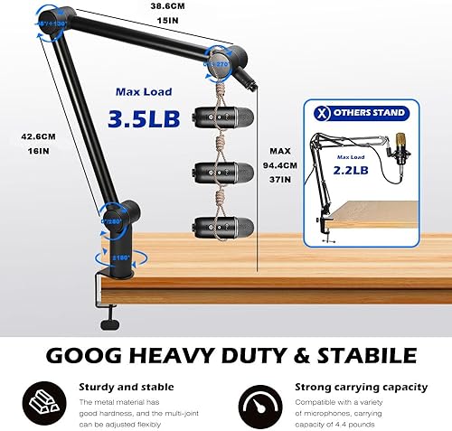 Miniatura 2 de BOMGE Soporte de micrófono con brazo de brazo  Soporte de brazo de tijera de suspensión ajustable resistente con canales de gestión de cables,
