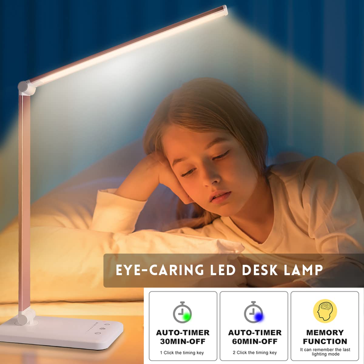 LED-Schreibtischlampe, Schreibtischlampe mit USB-Ladeanschluss, 5 Farbmodi, 10 Helligkeiten, natürliches Licht, augenschonende Leselampe, Schreibtischlicht für Heimbüro, Auto-Timer, Rosa