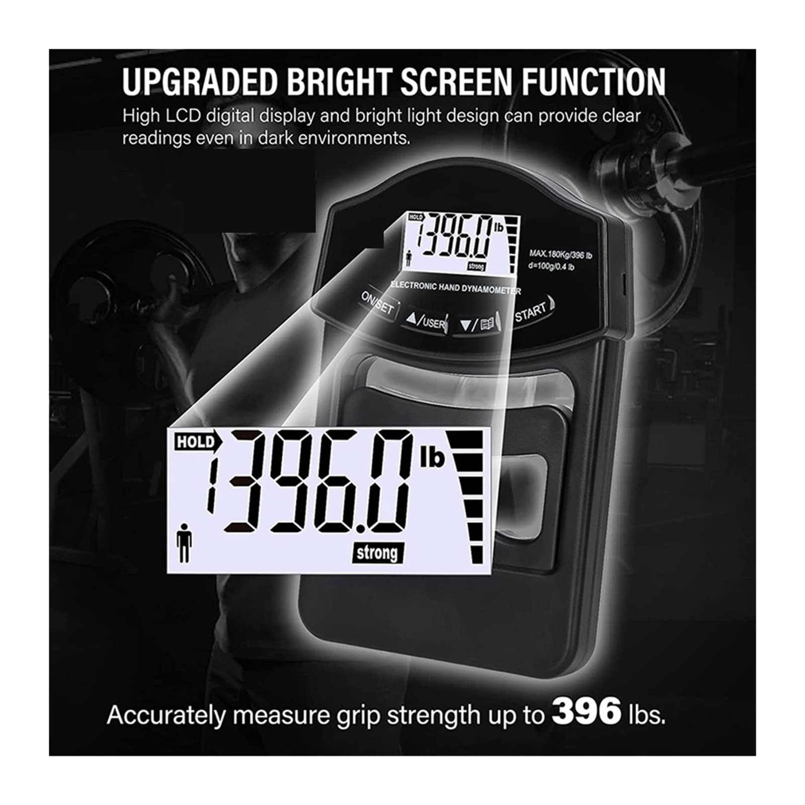 Misuratore di forza digitale Tester di resistenza della presa, 396 libbre/180 kg Dynamometro a mano digitale Meto di resistenza della presa USB LCD Schermate Dynamometer for impugnatura a mano per il
