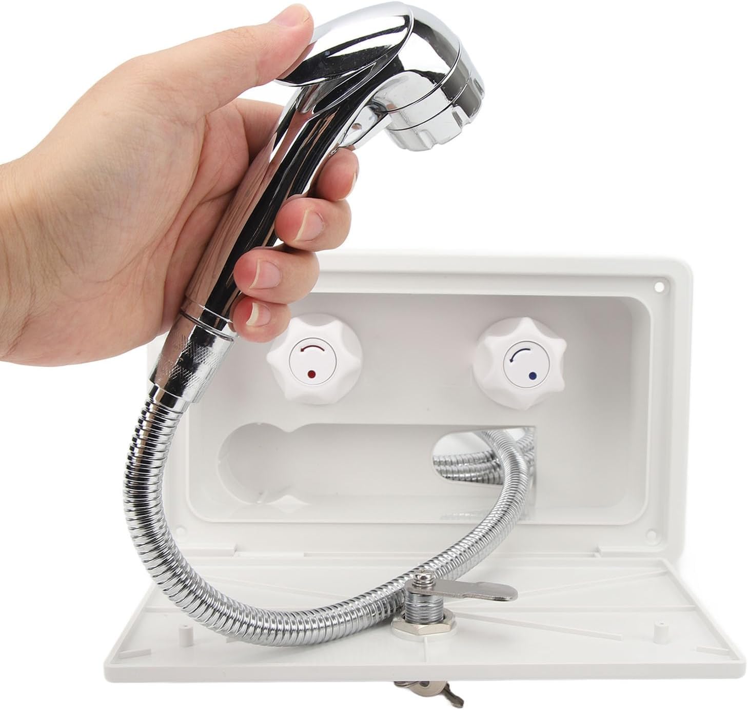 Asixxsix RV Exterior Shower Box, Outdoor Campers Trailer Shower Kit with Sprayer Head & 1.5m Metal Hose, RV Outdoor Shower Box Kit for Campers Van Travel Trailer Motorhome and Boat (White)
