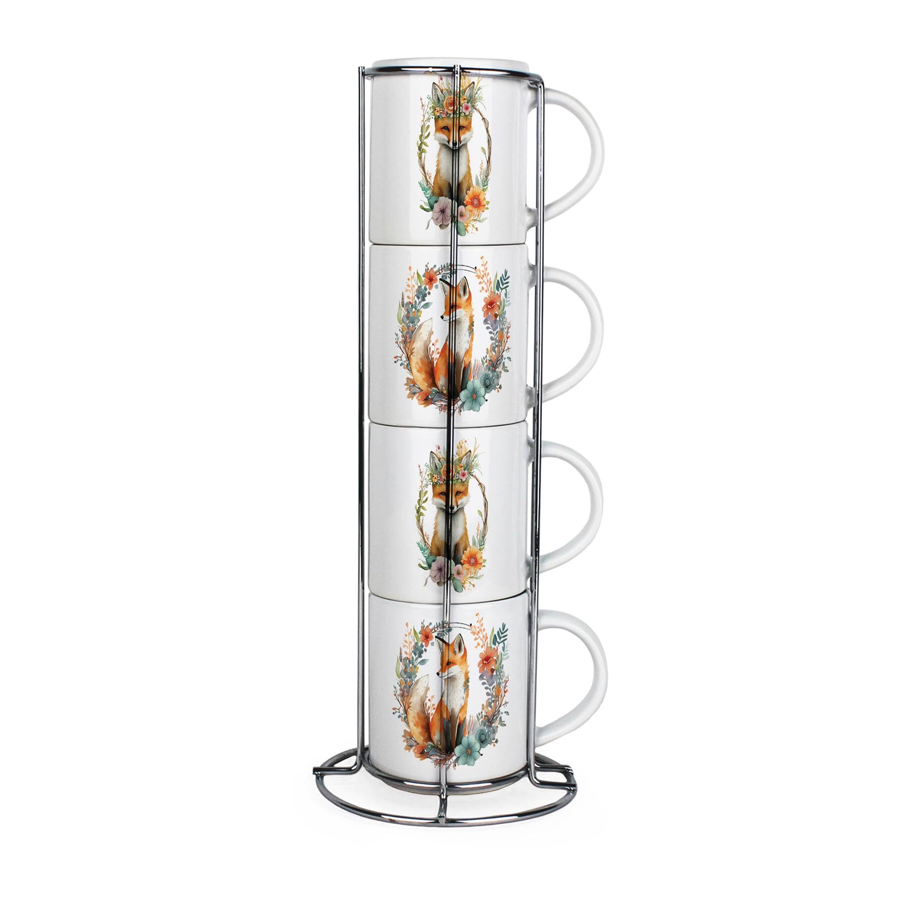 Purely Home Floral Fox Stacking Mugs Set - Presents for Animal Lovers - Set of 4 Ceramic Mugs Gift Set with Metal Stand