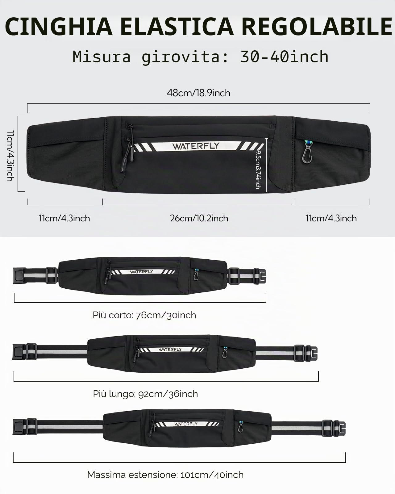 WATERFLY Marsupio Running per Uomo Donna: Cintura da Corsa con 4 Tasche Porta Cellulare Corsa Borsa per Correre Running Belt per Jogging Sportivo Trekking Camminata Fitness Nero