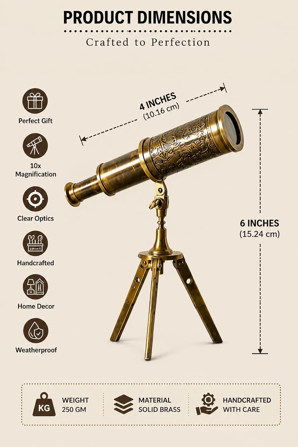 Vintage Brass Telescope with Tripod Stand, Antique Nautical Spyglass, Handmade, 6 Inch Height, for Office Desk and Home Library