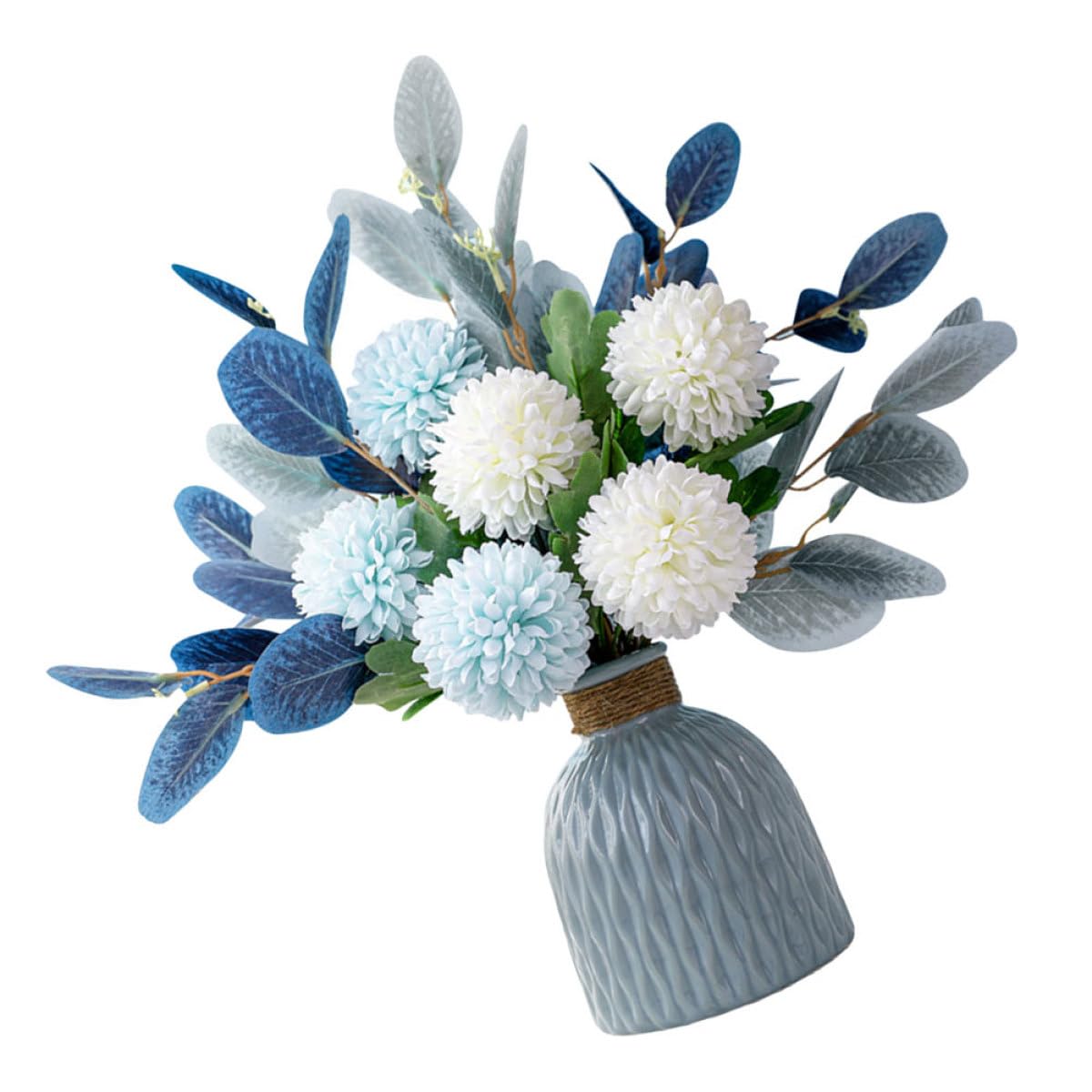 YARNOW Bouquet Simulé Hortensia Bleu avec Vase en Céramique et Fleur en Soie, sans Arrosage, Décoration pour Réunion à Domicile ou Fête à Thème