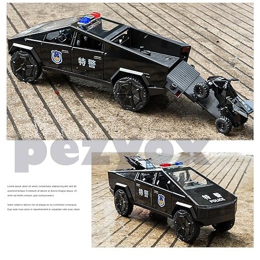 Image of 1:24 Scale Die-Cast CyberTruck Police【Free Wheel】 with 6 Openable Doors,Steerable Tyres,Working Horn,Working Lights (Black)