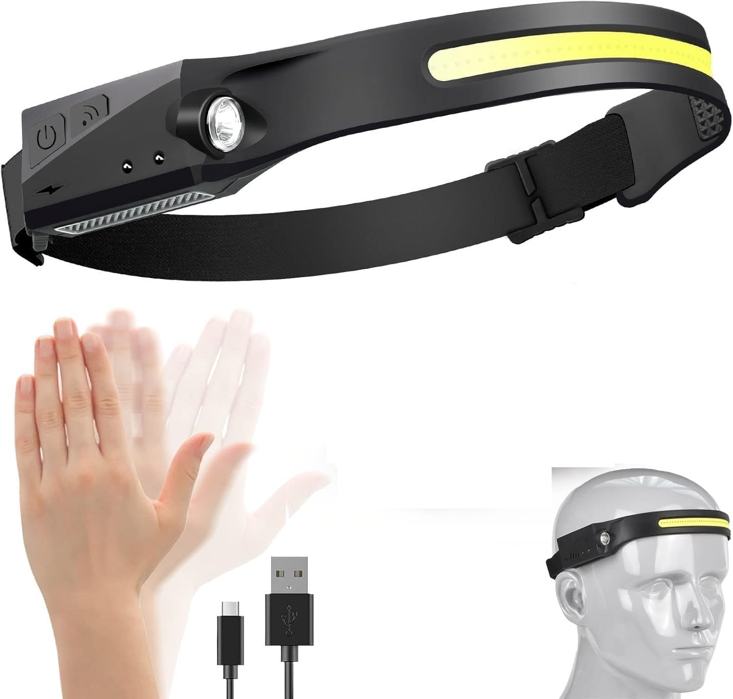 GINGER TECH Head Torch Rechargeable, Long Lasting Super Bright 230 Degree Wide Beam Headlight with Motion Sensor, 1200mAh Waterproof Lightweight Headlamp for Running, Camping, Fishing (1)