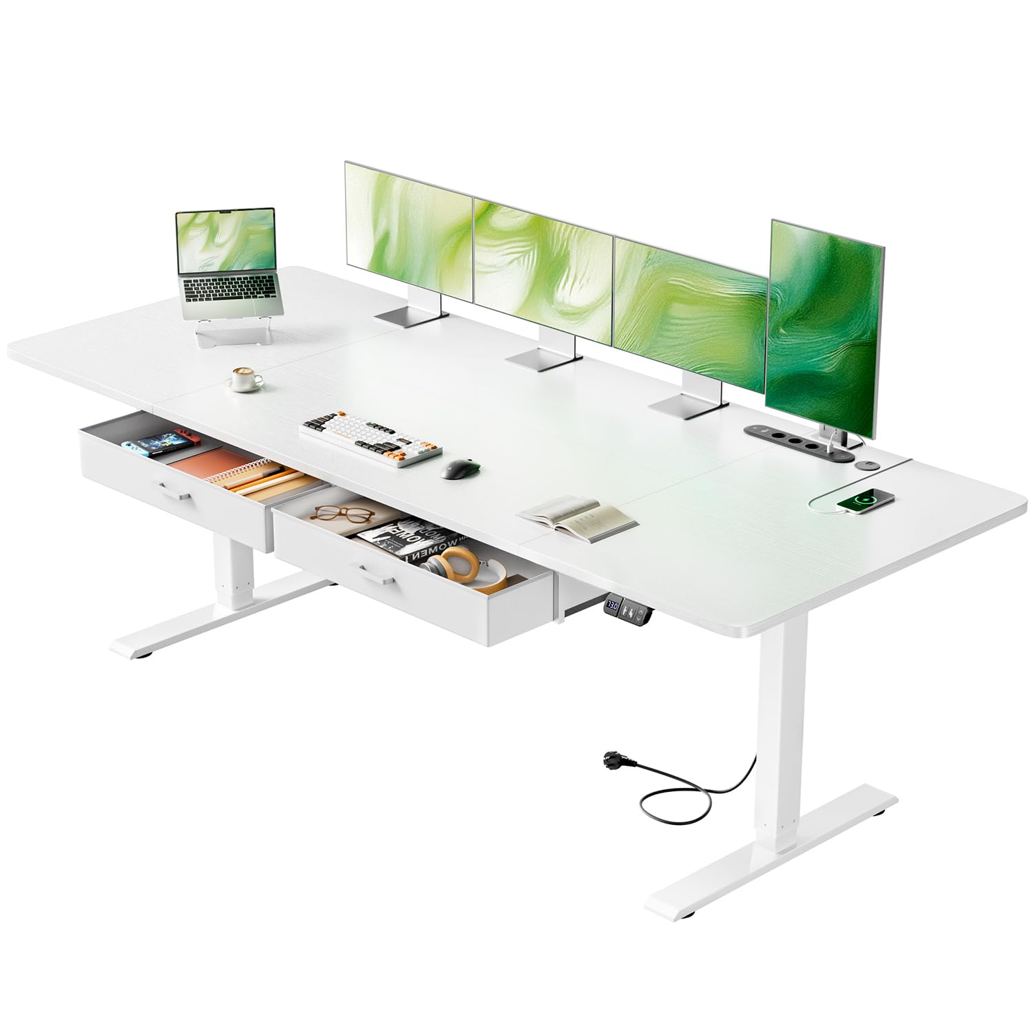 SOLAVERO Escritorio Elevable Electrico 200 x 80 cm, Mesa Escritorio Elevable con Enchufes & Puertos USB-C, Mesa Regulable en Altura con 2 Cajones de Tela, 2 Control Memoria, Standing Desk Blanco