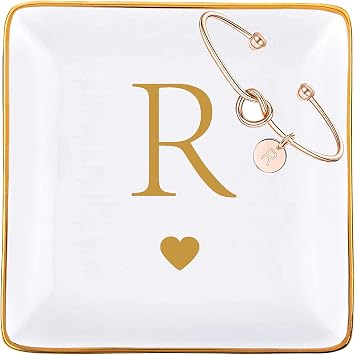 Initial Gifts Set for Woman Ceramic Jewelry Tray Ring Dish Trinket Dish with Gold Initials Key Bowl Holder with Rose Gold Initial Knot Bracelet Gifts for Her Women Grandma Mom Daughter Friend Sister