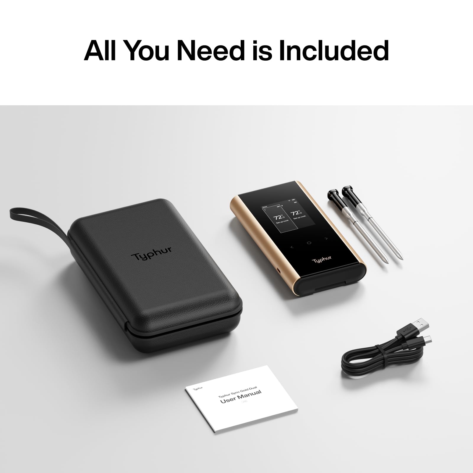 Typhur Sync Gold Double thermomètre à viande WiFi sans fil avec étui de transport, 2 sondes fines, 6 capteurs, signal 10 fois plus fort, précision ± 0,-15 °C, base intelligente, lecture fiable pour