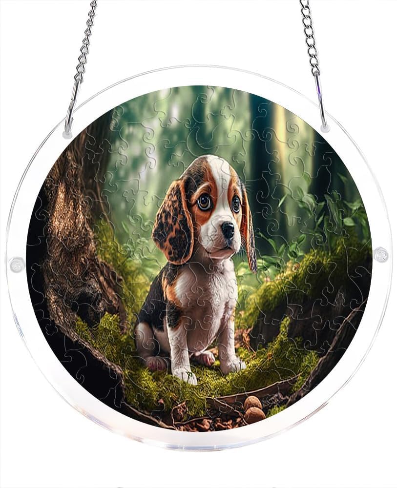 Beagle Puppy in Forest Scene Animal Acrylic Jigsaw Puzzles Suncatcher, 7.4 Inch Window Hanging Suncatcher Acrylic Puzzle, DIY Home Decor Art Gift