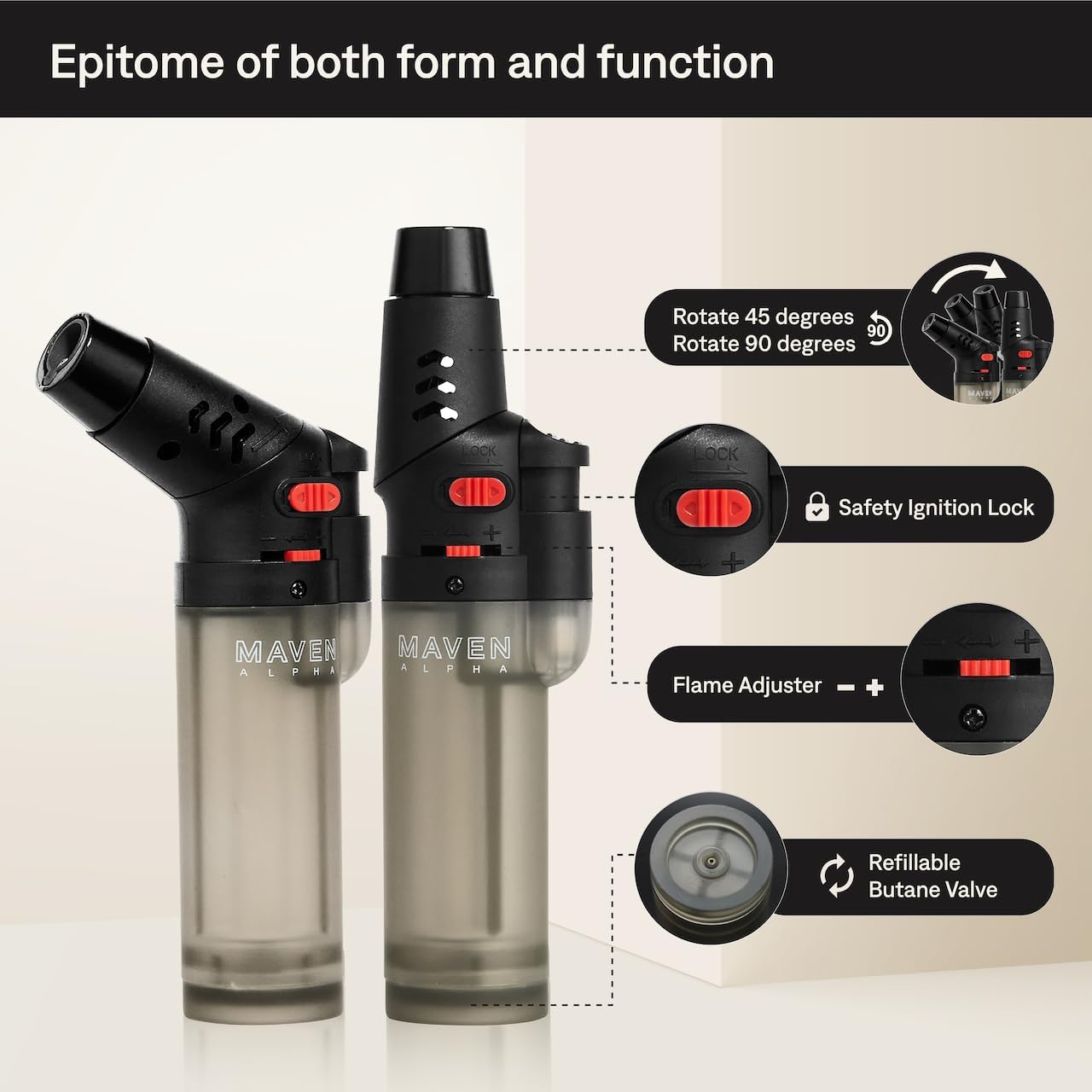 Alpha+ Torch Lighters, 5 Pack, Refillable Butane Gas Lighters, Adjustable Jet Flame, Windproof Mini Pocket Torch for Kitchen, Candles, Cooking, Baking, BBQ, Camping (Butane Not Included) (Transparent)