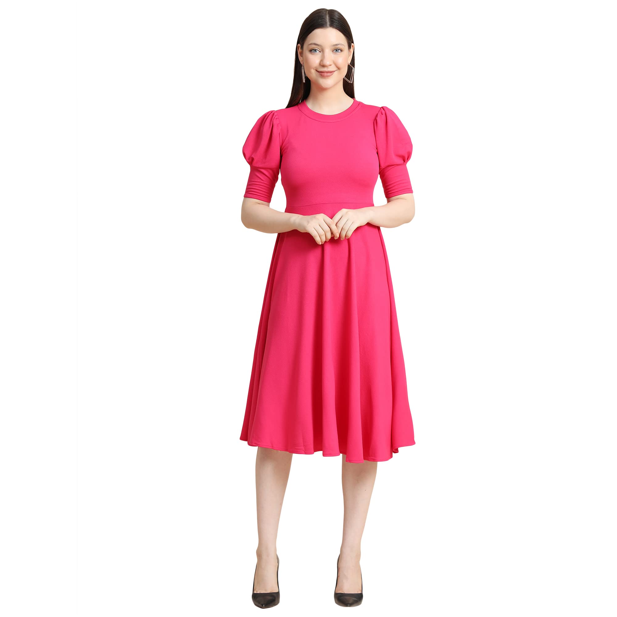 Women's Pink Spandex Solid Fit & Flared Western Dress | A line | Winter | Latest | Trendy | Midi