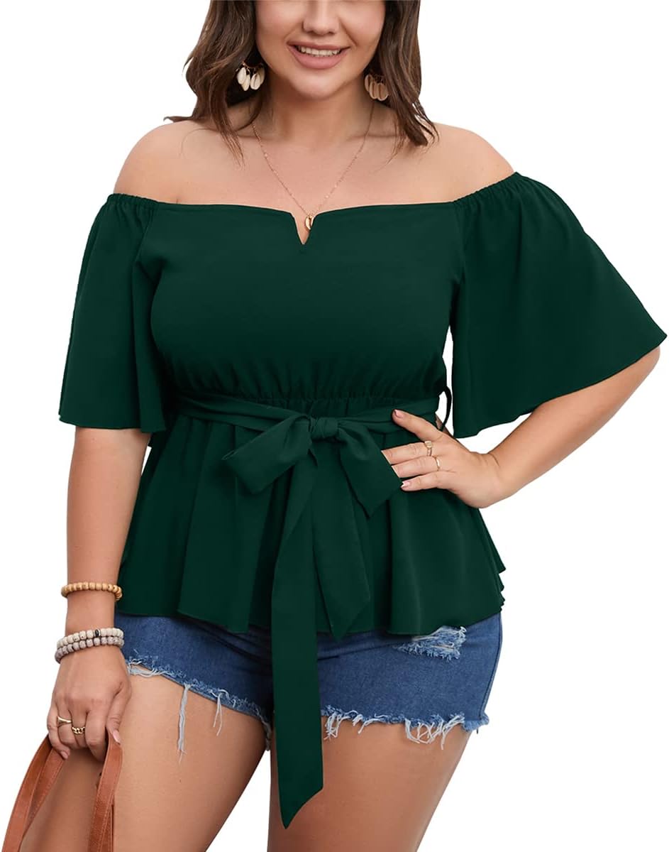 SCOMCHIC Women's Plus Size Off The Shoulder Peplum Blouse Top Half Bell Sleeve Tie Waist Ruffle Hem Babydoll Tops