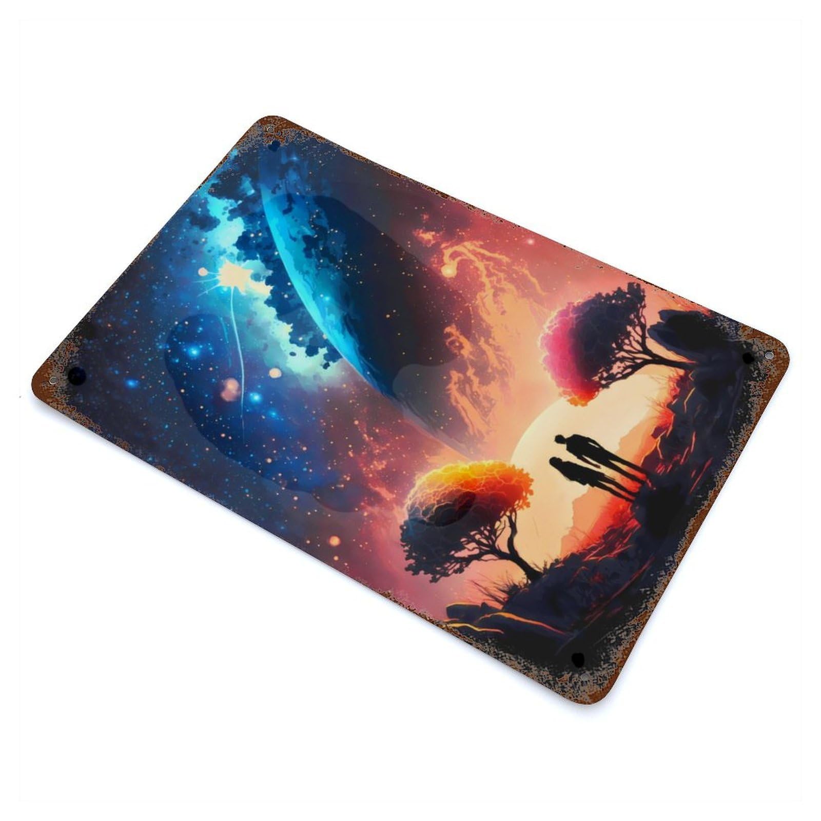 Vintage Metal Tin Sign with Galactic Twilight Couple Design 11.8"x7.9", for Living Room, Hallway And Home Decor, Retro Wall Decor