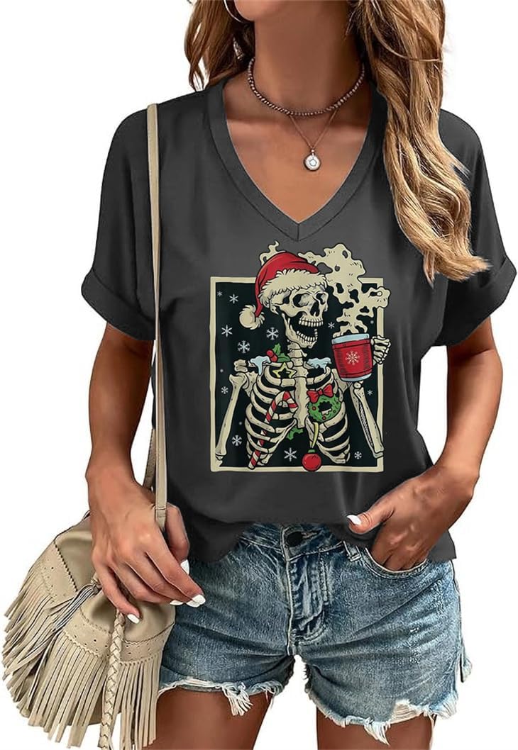 Women's V Neck Christmas T-Shirt Winter Casual Funny Family Xmas Party Short Sleeve Graphic Tees Tops