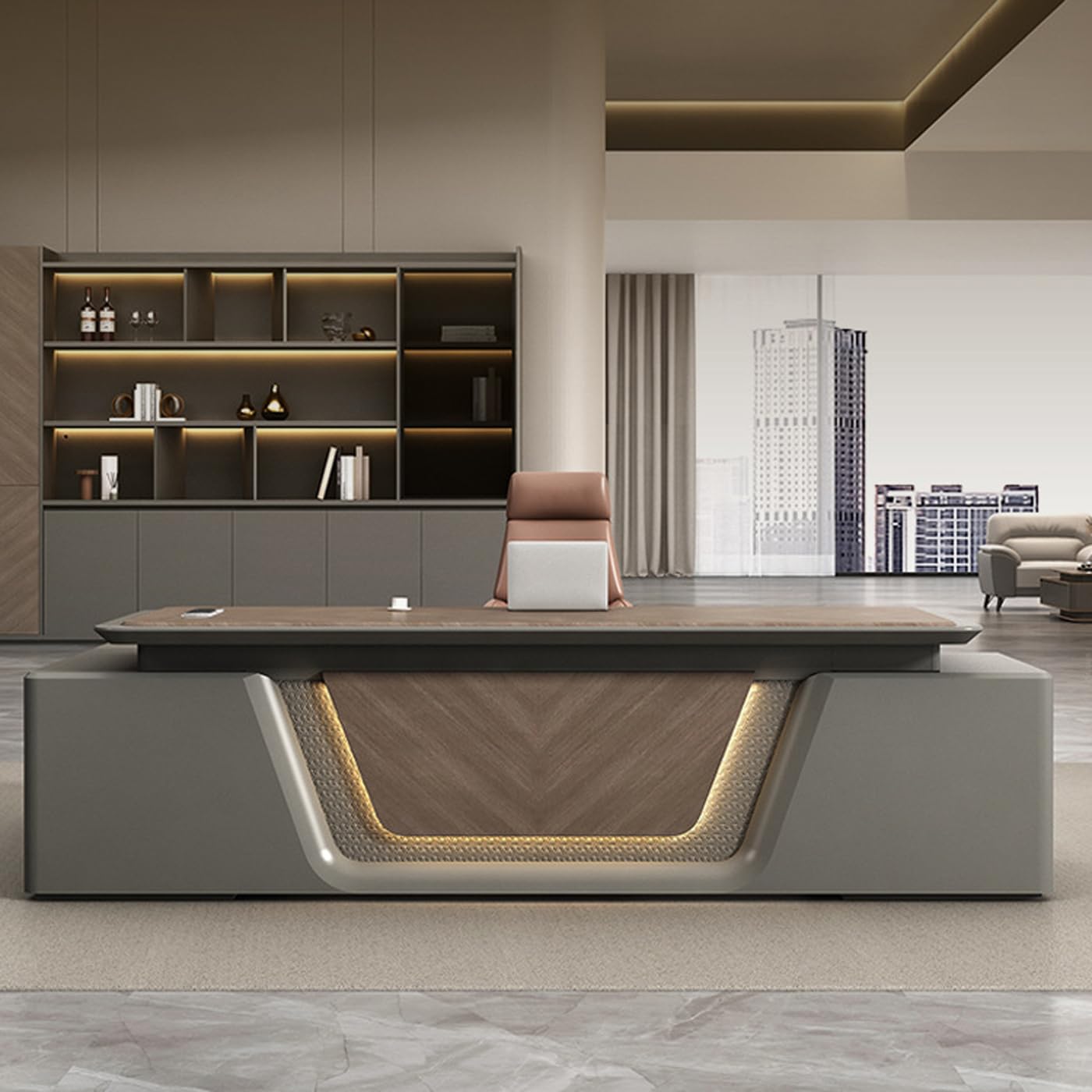 DUWEIKE 94 Inch Executive Desk, Large L Shaped Office Desk with Power Outlet & Storage Shelves, Modern Aesthetic Computer Desks Business Workstation