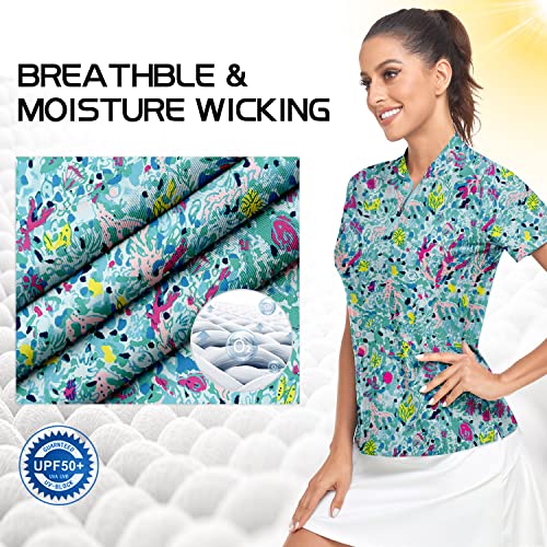 Womens Collarless Golf Shirts Short Sleeve Summer Polo Shirts Athletic Tops #TOP3