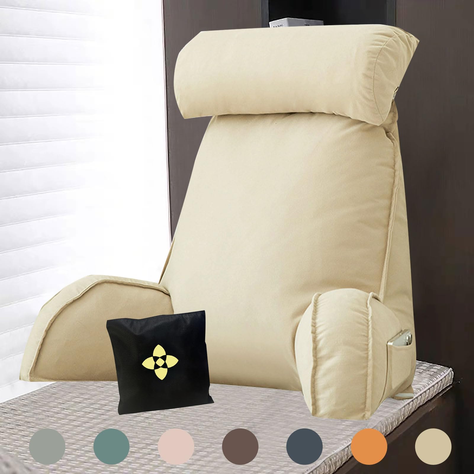 Cctsa Beige Back Pillows, Bed Chair Pillow With Arms, Lumbar Support Cushions, Reading Pillow For Sitting In Bed, Cuddle Cushion, Backrest Pillow Reading, Gaming And Watching Tv 75Cm×40Cm×58Cm