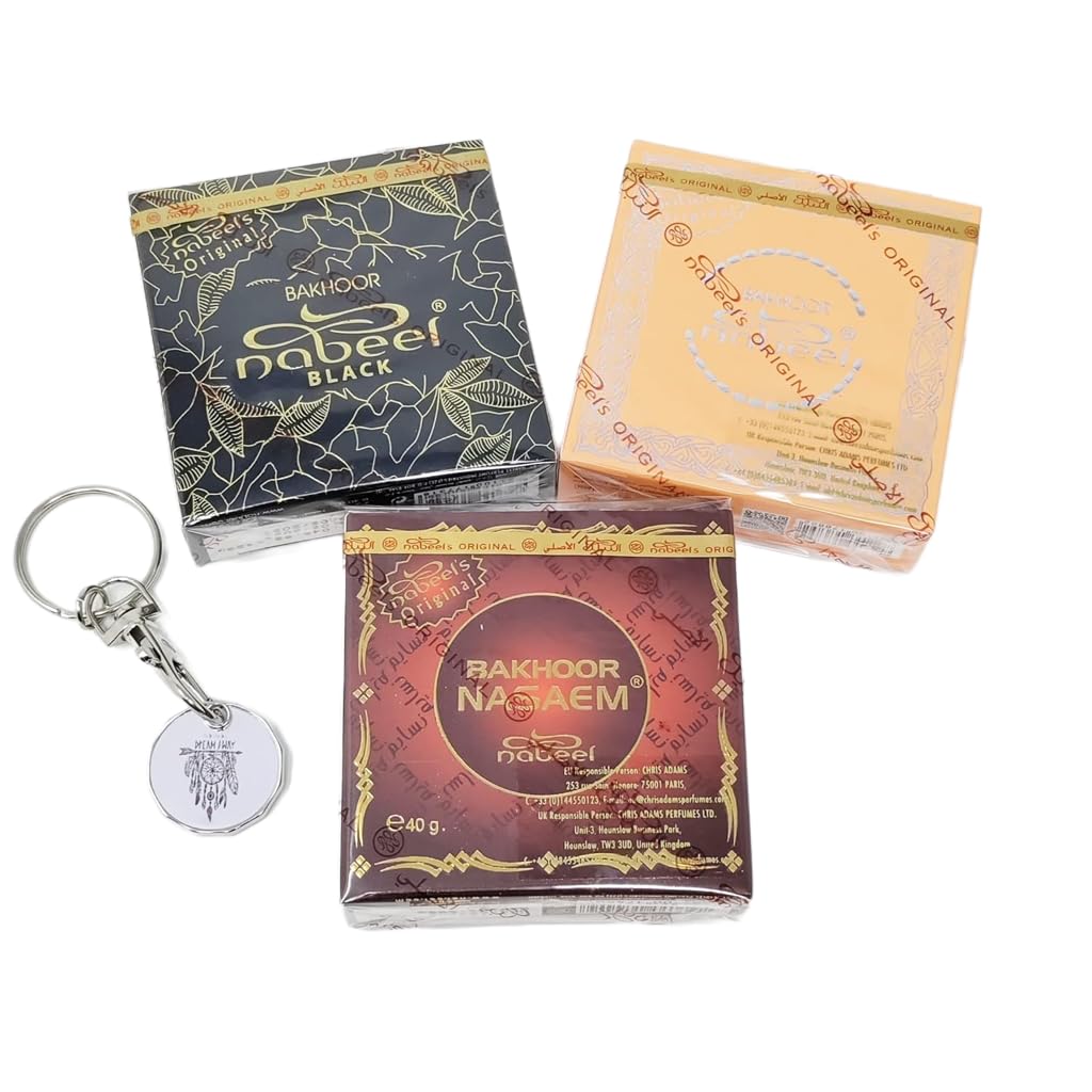 Nabeel Bakhoor 3 Pack Set – Nasaem, Black Oudh & Oudh Nabeel – Long Lasting Arabic Incense 40g Each – Aromatic Home Fragrance Charcoal Burner Compatible with JRose Trolley Coin Keychain