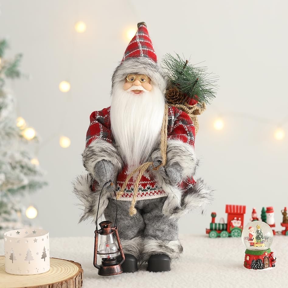 Santa Claus Figurine, 14inch Standing Christmas Santa Claus with Kerosene Lamp and Sack for Christmas Indoor Home Decoration Xmas Gift Party Table Shelf Ornament