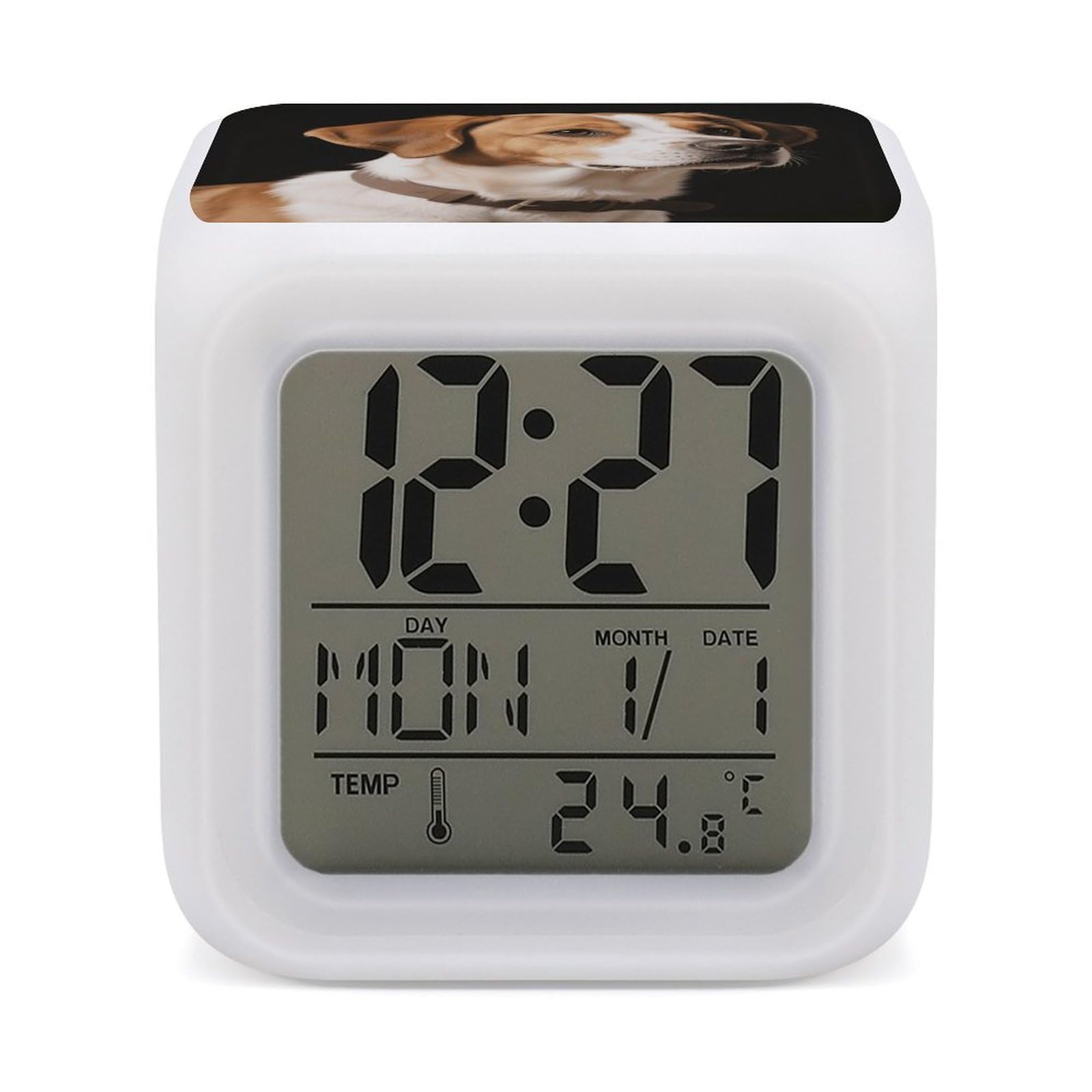 VstaDank Dog Alarm Clock with Date Temperature Large LED Display Number Clocks with 7 Colors Changing Desk Clock Battery Operated Digital Clocks with Date for Heavy Sleepers