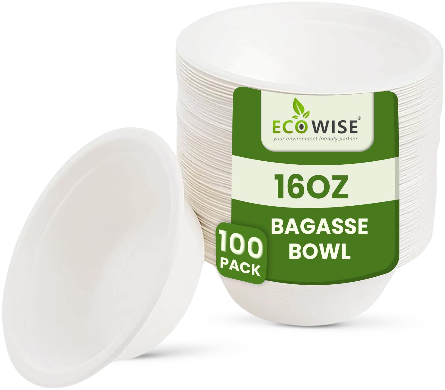 EcoWise 100 Paper Bowls 16oz White Rigid Bagasse Bowls Eco-Friendly Biodegradable Disposable Bowls for Hot and Cold Food Perfect for Soup, Salad, Dessert