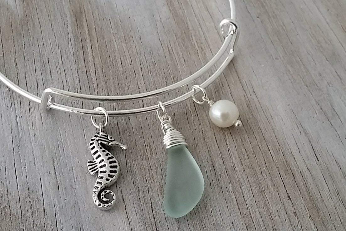 Handmadewire wrapped seafoam sea glass bracelet, seahorse charm, Natural pearl, (Hawaii Gift Wrapped, Customizable Gift Message)
