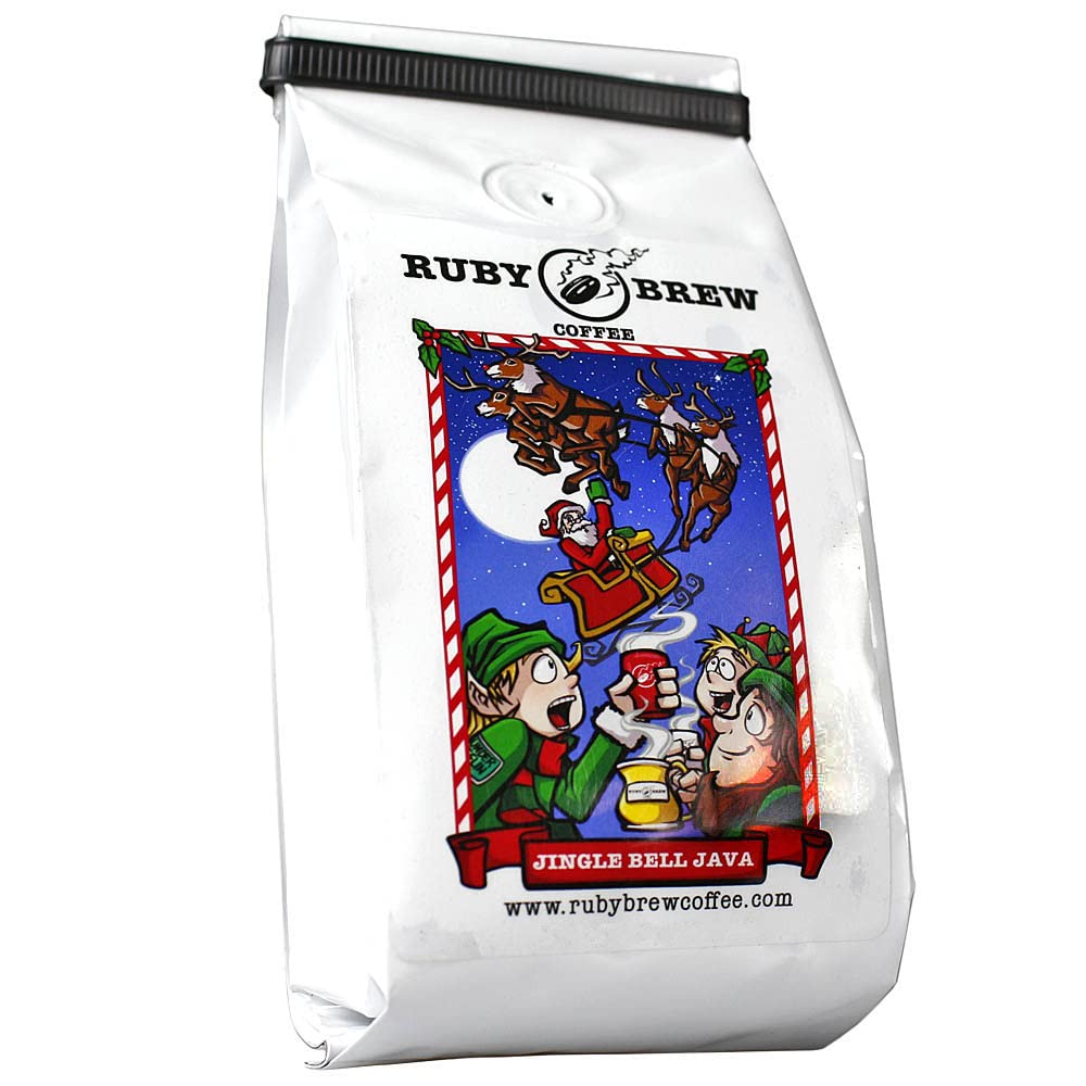 Ruby Brew Jingle Bell Java Coffee Whole Bean Medium Roast Caramel Rum Pecan with Dash of Cinnamon and Vanilla 8 oz Bag