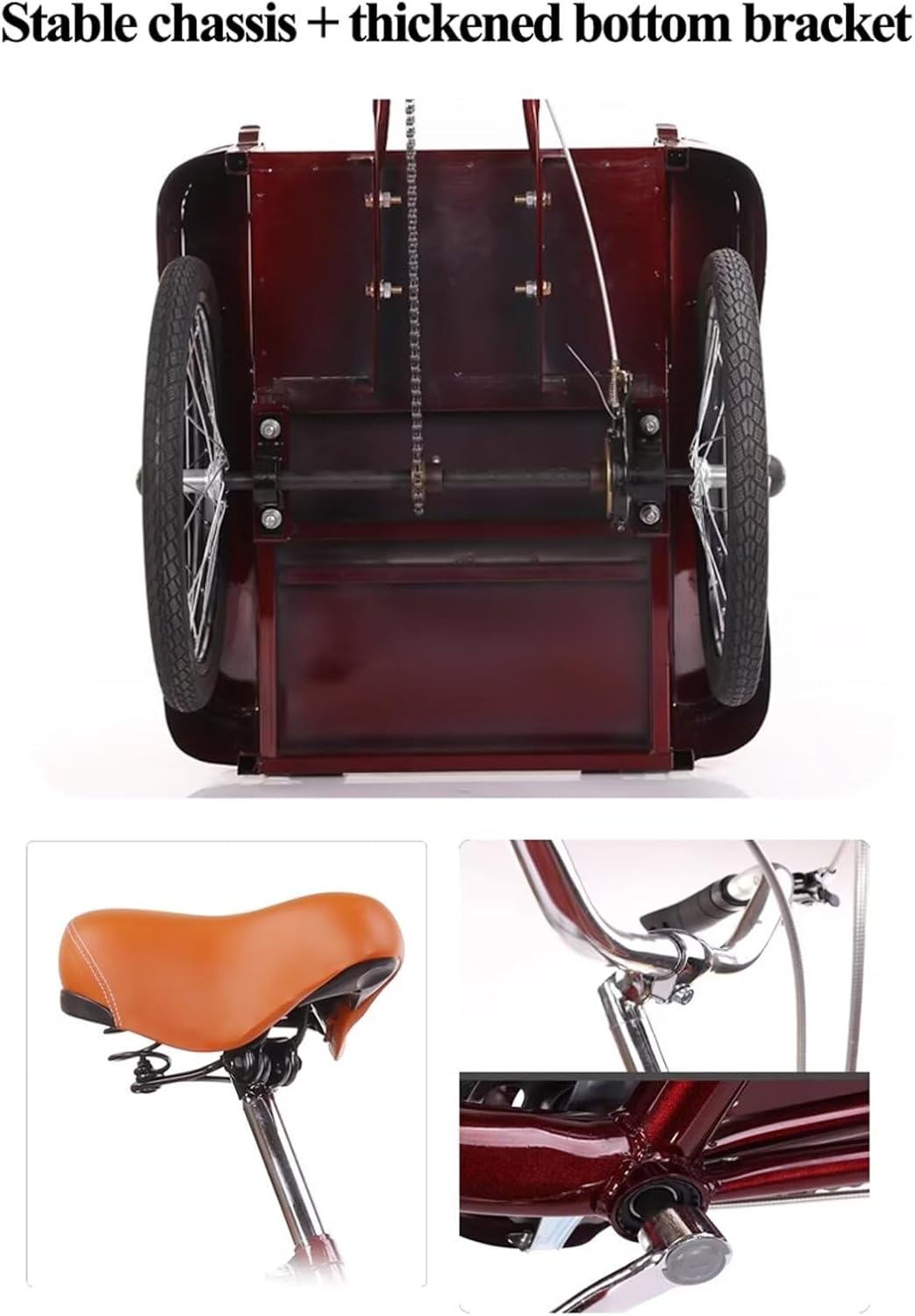 Elderly Pedal Bicycle Rickshaw Scooter trikes with Shock Absorber Front Fork,Passenger and Cargo Dual-use Tricycle,Foldable Rear Passenger seat,Rear Cabin (Wine red B 20 in)