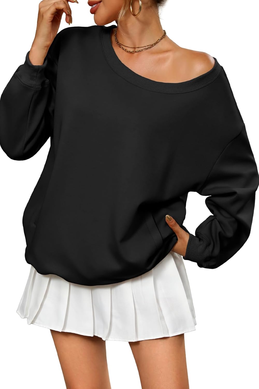 ELLEVEN Women’s Off Shoulder Sweatshirt, Casual Long Sleeve Pullover Tops with Pockets