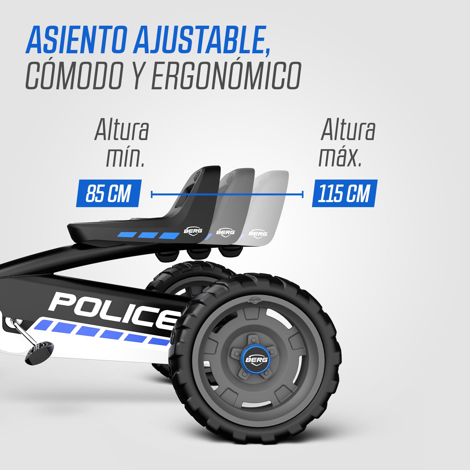BERG Kart a Pedales Buzzy Police | 2-6 años, cuadro resistente, asiento regulable, volante regulable
